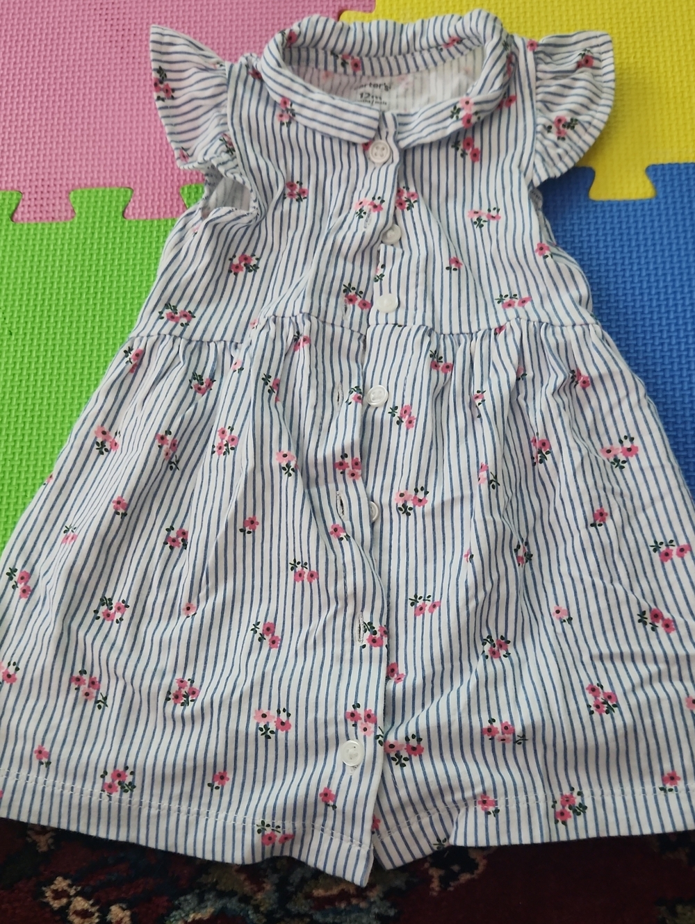 Carter's White & Blue Striped Dress with Pink Floral Print